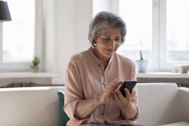 Cep telefonunda online uygulama kullanan mutlu, olgun bir bayan, daktilo kullanıyor. Üst düzey akıllı telefon kullanıcısı kadın ecommerce internet servisi ile alışveriş yapıyor, sosyal medyayı izliyor, kanepede dinleniyor.