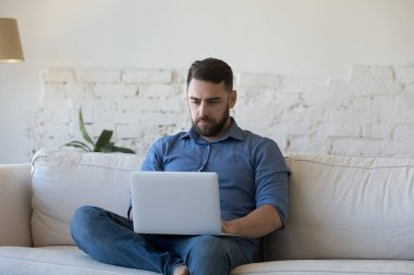 Dizüstü bilgisayar kullanan, evden çalışan, kanepede oturan ciddi bir serbest çalışan. Erkek cihaz kullanıcısı online medya içeriğini bilgisayarda izliyor. E- posta okuyan uzaktaki işçi