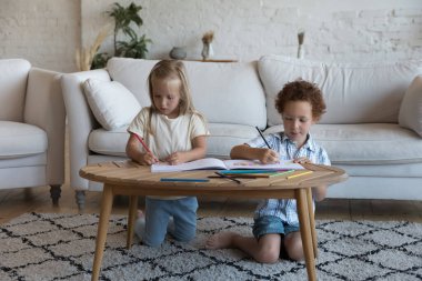 İki tatlı erkek ve kız kardeş, yaratıcı öğrenme aktivitelerine odaklanmış durumda. Oturma odasında, ısıtma katında birlikte oynuyorlar. Albümde renkli kalemler çiziyorlar, hobilerinin keyfini çıkarıyorlar.