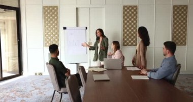 Olumlu proje lideri bir kadının beyaz tahtada pazarlama stratejisini çeşitli çalışma arkadaşlarıyla toplantıda sunması, raporu açıklaması ve ters çizelgedeki diyagrama işaret etmesi ilham verdi. Geniş açı