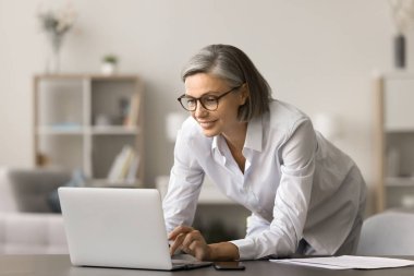 Evde dizüstü bilgisayarda yazan, iş yerinde duran, çalışma masasında eğilen kablosuz internet teknolojisini uzaktan iletişim için kullanan gri saçlı bir iş kadını.