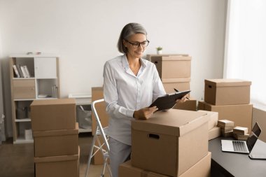 Positif teslimat servisi çalışanı paketleri sayıyor, paketleri kontrol ediyor, listeye notlar yazıyor, kutular üzerinde kayıt listesi yapıyor. E-ticaret deposunda çalışan işyeri sahibi kadın.