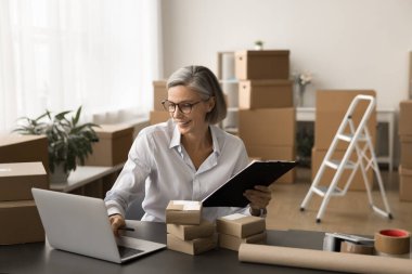 Olumlu başarılı olgun girişimci kadın ecommerce depolama internet sipariş üzerinde çalışıyor, uygulamayı laptopta kullanıyor, kayıtları kontrol ediyor, küçük kutular ile masada oturuyor