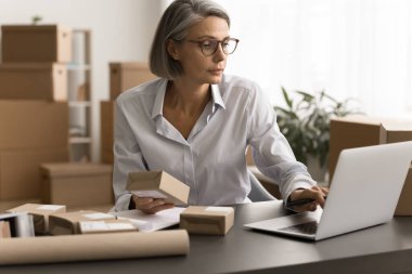 Ciddi gri saçlı, gözlüklü bir iş kadını internet mağazası açılışında çalışıyor. Göndermek için küçük paketler hazırlıyor. Küçük bir depoda dizüstü bilgisayar kullanıyor.