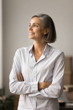 Hayalperest, olgun iş kadını dikey portresi. Başarılı gri saçlı girişimci internetin deposunda kollarını kavuşturmuş duruyor, başka tarafa bakıyor, gülümsüyor, yaratıcı fikirleri düşünüyor.