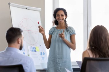 Milenyum Afrikalı iş kadını, iş eğitmeni ya da proje lideri şirket personeli için çizelge sunumu yapıyor. Seminer katılımcıları atölye sırasında koçun bilgi sağlamasını dinliyorlar