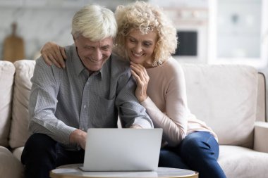 Mutlu yaşlı çift dizüstü bilgisayarda online uygulama kullanıyor, iyi haberler alıyor, daktilo çekiyor, gülüyor, internette alışveriş yapıyor, kanepede oturuyor, emekliliğin tadını çıkarıyor, iletişim kuruyor.