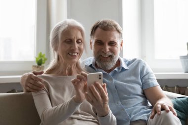 Neşeli gri saçlı olgun karı ve koca cep telefonlarını paylaşıyor, video görüşmesinde sohbet ediyor, online ekom uygulaması kullanıyor, alışveriş yapıyor, internetten rezervasyon yaptırıyor, akıllı telefon tutuyor, ekrana dokunuyor, gülüyor.