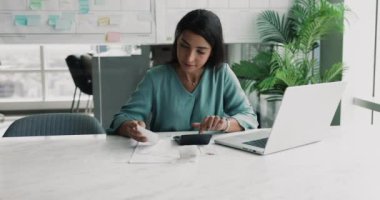 Finans sektöründe çalışan 30 'lu yaşlardaki Brezilyalı genç bir kadın iş masasında dizüstü bilgisayarla oturuyor, güvenli e-bankacılık sistemini kullanarak faturaları ödüyor, muhasebecilik yapıyor, gelir ve giderleri gözden geçiriyor. Bütçeleme