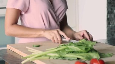 Mutfakta ahşap kesim tahtasının üzerinde yemek hazırlayan, elinde bıçak ve sebze dilimleyen, salatalık, yapraklı yeşillikler ve domatesler olan genç bir kadının kırpılmış görüntüsünü kapatın. Sağlıklı yemek, yaşam tarzı.
