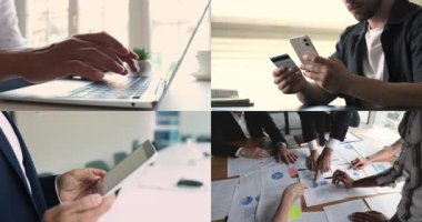 Dijital iş akışı ve finansal yönetim entegre takım çalışması, çevrimiçi ödemeler, veri analizi ve modern teknoloji. Kolaj görünümünü kapatın çeşitli insanlar teknoloji kullanarak, takım çalışması ile meşgul