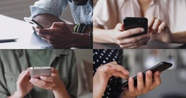 Kolajı kapat, akıllı telefonlar, dijital bağlantı, mobil teknoloji ile iletişim, modern teknolojinin günlük rutinlere entegrasyonu gibi cihazları kullanan insanların el çeşitliliği