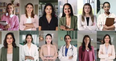 İş yerlerinde poz veren, gülümseyen, kameraya bakan, profesyonelliğe, başarılara ve başarılara ışık saçan çok uluslu güzel kadınların kolaj görüntüsü. Bağımsızlık, kariyer ve eğitim