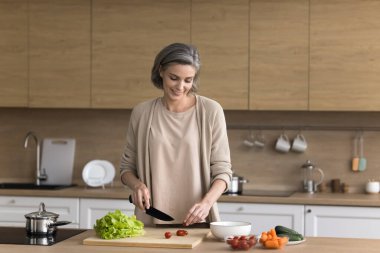 Yemek pişirme sürecinin tadını çıkarıyorum. Gülümseyen orta yaşlı ev hanımı, doğal vejetaryen diyet yemekleri pişirir. Sevgi ile, konforlu, yerli mutfağın iyi donanımlı sebze salatası. Taze malzemeler kullanılır.