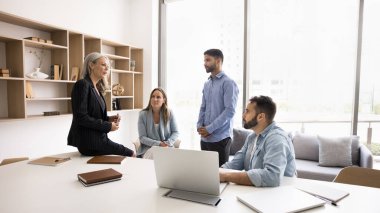 Olgun kadın, şirket patronu takımla sohbet ediyor talimatlar veriyor, güncellemeleri paylaşıyor ya da konferans odasında stratejik kararları tartışıyor. Kurul üyelerinin toplantı odasında bilgilendirme