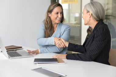 İki çekici iş adamı ofiste oturuyor, toplantıyı bitiriyor, anlaşma yapıyor, el sıkışıyor, iş birliğinin sembolü, başarılı müzakerelerin tamamlanması, ortaklık veya anlaşma sona ermesi