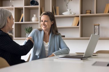 Profesyonel danışman ve bayan müvekkil, ofiste dizüstü bilgisayarla el sıkışıyor, toplantıyı sonlandırıyor, anlaşmayı sonuçlandırıyor, hizmetlerden, iletişimden veya takım çalışmasından tatmin oluyorlar.