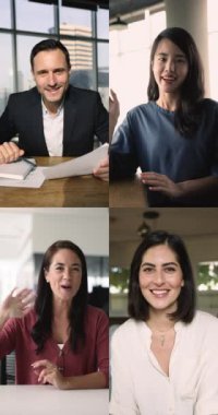 Video konferans platformları, bölünmüş ekran kamera görüntüsü kullanılarak dört çok uluslu iş adamının kolaj şebekesi video konferansına katılıyor. Sanal buluşma olayı, dünya çapında iletişim, işbirliği