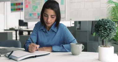 Kişisel düzenleyicide yazan kadın iş yerinde dizüstü bilgisayarla oturuyor, günlük programlar veya haftalık hedefler planlıyor, işle ilgili işler sırasında notlar alıyor, iş öncelikleri veya kişisel yapılacaklar listelerini düzenliyor