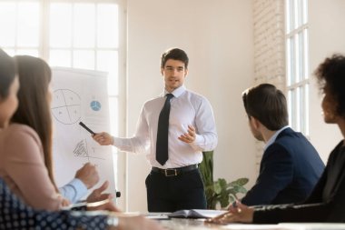 Kendine güvenen proje yöneticisi, yönetim stratejisini takıma sunuyor, beyaz tahtada konuşuyor, beyin fırtınası, tartışma, işbirliği girişimleri hakkındaki fikirleri anlatıyor.