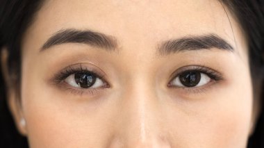 Genç Asyalı kadının üst yüz görüntüsü, kahverengi gözlere odaklan kameraya bak, kontakt lenslere, görme kliniği hizmetlerine bak. Güzellik, kişisel bakım, kozmetik prosedür, estetik