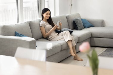 Oldukça rahat Asyalı bekar bir kadın akıllı telefonu iyi ışıklandırılmış oturma odasındaki rahat büyük koltukta oturuyor, e-randevu hizmetleri başvurusu üzerinden sohbet ediyor, evde internette kaygısızca vakit geçiriyor.