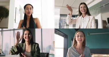 İş yerinde video çağrı uygulaması kullanan dört kadın, kameraya bakıyor, konuşma yapıyor, bilgi sağlıyor, modern teknoloji, kolaj kullanarak küresel iletişimde yer alıyor.