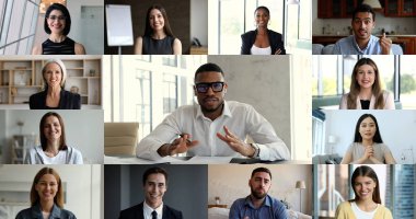 Milenyum takım lideri şirket üyeleriyle sanal toplantı sırasında konuşma yaptı, ortak proje, satış sonuçları, video uygulaması ve kolaj görüşüyle uzaktan çalışma hakkında kamera konuşmalarına bakın.