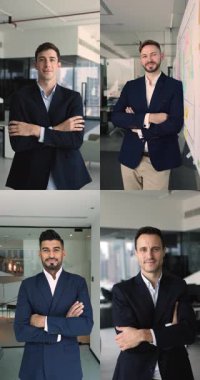 Takım elbiseli dört adam, ofis ortamında güvenle ayakta duruyor, gülümsüyor, kameraya bakıyor, profesyonellik, güven, iş yerinde liderlik, kolaj portresi görüntüsü