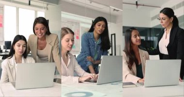 Kolaj bakış açısına göre çeşitli kadın takım arkadaşları dizüstü bilgisayar kullanıyor, modern ofisteki ortak projeyi gözden geçiriyorlar. Çalışma akışı, çevrimiçi ortak görevler hazırlama, yeni yazılım öğrenme, çıraklık ve teknoloji kullanarak takım çalışması