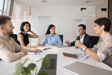 Başarılı bir fikir. Genç Asyalı iş kadını şirket lideri ve çeşitli etnik çeşitliliğe sahip iş adamları grubu Hintli erkek uzman yöneticinin problem çözümü için büyüme stratejisi önerisini dinlediler
