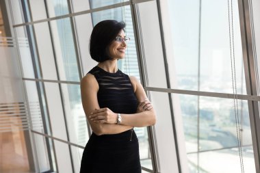 İleri görüşlü vizyon. Kendinden emin gülümseyen olgun iş kadını silahlarını kuşanıp şehir manzarasının keyfini çıkar. Panoramik pencerede başarılı liderlik hedeflerine odaklan.