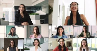 Kameraya konuşan farklı kadınlar, kolaj manzarası. Çok uluslu 25-35 'lik iş kadınları, serbest çalışanlar, profesyoneller dünya çapındaki video çağrısına, vesikalık portrelere katılıyor.