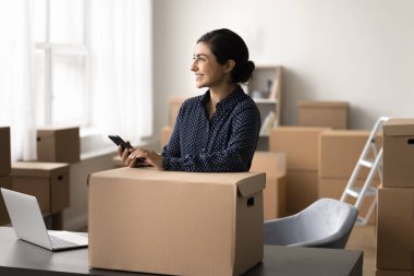 Genç serbest çalışan mutlu iş kadını ecommerce web mağazasındaki modern teknoloji not defteri hücresini kullan. Emniyetli nakliye kargo kutularını sipariş edilen malzemelerle birlikte depodan alıcıya götür.