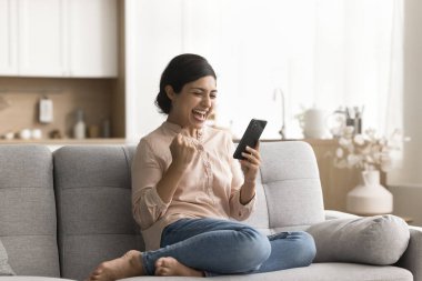 Harika bir sürpriz. Heyecanlı genç bir kadın evdeki rahat kanepeye oturup çığlık atıyor evet süper akıllı telefon ekranına bakıyor zafer coşkusu içinde el kaldırın e-posta ile kredi onayı alın