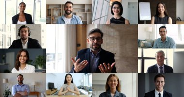 40 'lı yılların olgun İspanyol işadamı patron ve takım lideri çok ırklı meslektaşlarıyla yaptığı resmi toplantıda birden fazla video kolajı görüşünde bir konuşma yaptı. Video konferans uygulaması, iş