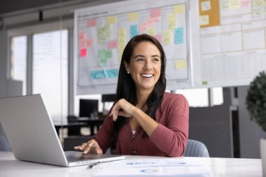 Neşeli İspanyol iş dünyası yöneticisi kadın ofis alanında büyük bir iş yerinde oturuyor, dizüstü bilgisayar kullanıyor, başka yere bakıyor, etkili yönetim üzerinde düşünüyor, online pazarlama stratejisi