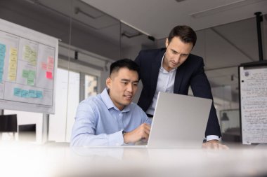 Yönetici, bilgisayar başında çalışan çalışanı izliyor. Çevrimiçi projenin çözümlerini tartışan, bilgisayardaki internet içeriğine bakan çok ırklı meslekdaşlar