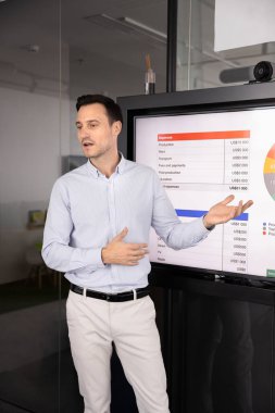 Şirket yöneticisi sunum yapıyor, finansal analitik verileri sunuyor, büyük televizyon panosundaki kriterlere işaret ediyor ve pazarlama araştırma sonuçlarını açıklıyor. Dikey çekim