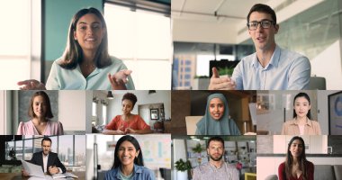 Grid kolaj görünümü, video konferans ekranı sanal toplantıya katılan, işbirliğini, uzaktan iletişimi, takım çalışmasını ve küresel bağlantıyı temsil eden çok kültürlü profesyoneller grubunu gösteriyor