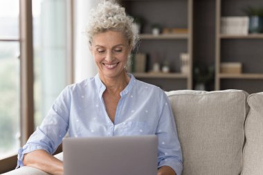 Son sınıflarda akıllı bir yaşam tarzı. Bilgisayarda çalışan orta yaşlı, gülümseyen, rahat bir koltukta oturan, serbest çalışan, e-posta yazan internet sitelerinde alışveriş yapan bir kadın. Boşluğu kopyala