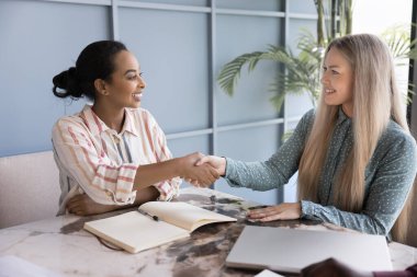 İki genç çok ırklı iş kadını konferans masasında el sıkışıyor, resmi toplantıyı başlatıyor veya bitiriyor, ofiste görüşmeler yapıyor, anlaşma yapıyor, şirket hizmetlerini satıyor veya satın alıyor, anlaşmaya varıyor.