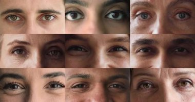 Farklı insanlar kameraya bakıyor. Farklı göz renkleri, şekiller ve ifadeler gibi eşsiz özelliklere sahip çok uluslu erkek ve kadınların kolaj görüşünü kapatın. Bireysellik ve çeşitlilik