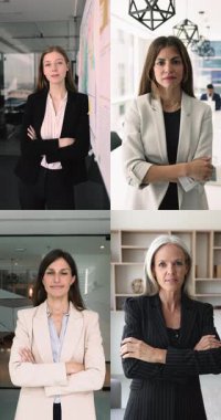 Farklı yaşlarda ve etnik kökenli dört zarif kadın kameraya ve dikey kolajlara güvenerek ofiste poz veriyor. Feminist bağımsızlık, profesyonellik, çeşitli sektörlerde kadın kariyerinin önemi