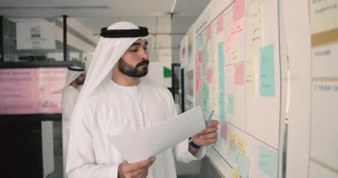 Arap iş adamı geleneksel kandura 'da renkli not ve çizelgelerle dolu büyük beyaz tahtanın önünde duruyor, belgeleri tutuyor, analiz tahtasını tutuyor, strateji planlıyor veya projeyi gözden geçiriyor.