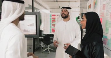 Geleneksel beyaz bulaşık bezi giymiş ve keffiyehler tokalaşan iki Arap adam, takım çalışmasıyla karşılıklı saygı ve memnuniyetlerini dile getiriyorlar. Başarılı toplantının, anlaşmanın ya da ortaklığın sonucu