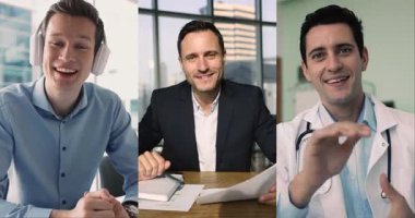 Farklı etnik kökenlere ve mesleğe sahip üç farklı adam, işle ilgili konuların video konferansına katılıyor, konuşma yapıyor, kameraya bakıyor, iş yerinde oturuyor, kolaj yapıyor. Danışma, iletişim