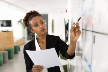 Kanban karmaşa tahtasını analiz eden, elinde kağıt belgeler tutan, iş planı üzerinde çalışan, görev planlayan, program çizen, masa hücrelerinde yazı yazan çok güzel bir Afrikalı genç iş kadını.