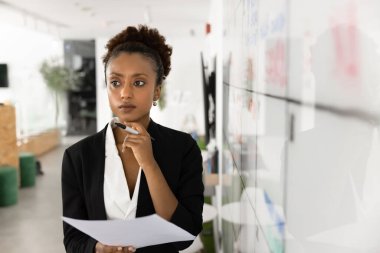 Kanban yönetim kurulunda iş projesi yönetimi üzerine düşünen düşünceli genç Afrikalı bir kadın. Beyaz tahtada duruyor, çeneye dokunuyor, yüzünü çeviriyor, elinde kağıt belgeler tutuyor.