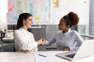 Ofisteki çalışma masasında el sıkışan kendine güvenen farklı kadın iş arkadaşları. Mali danışman, hukuk danışmanı toplantıdan sonra iş dünyasından profesyonel müşteriyle tokalaşıyor.